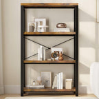 4-Tier Adjustable Heavy Duty Bookshelf, Industrial Wooden Open Storage Rack with Black Metal Frame, Vintage Bookcase with Lock Wall Design, Rustic Brown