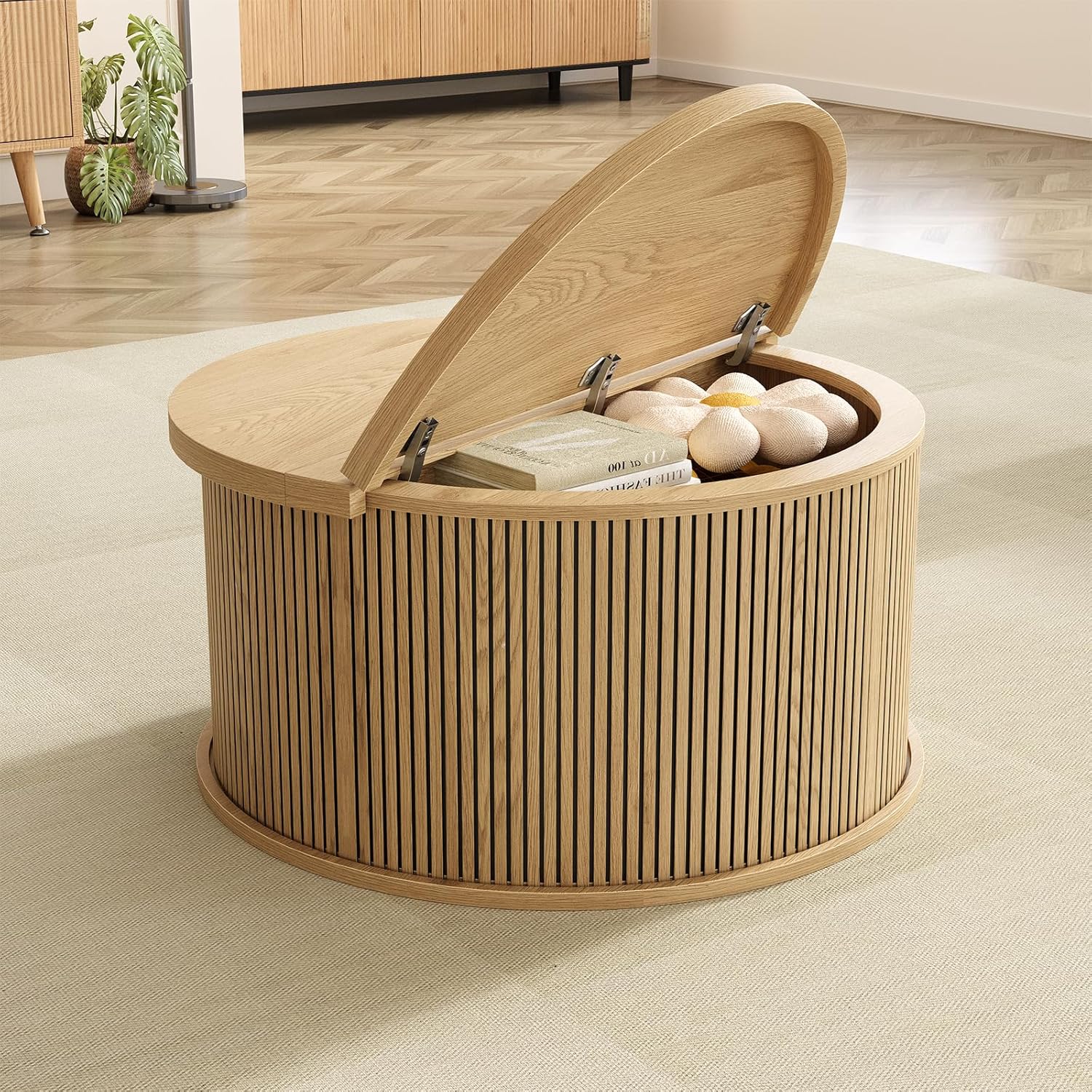 Round Coffee Table with Storage, 31.5" Lift Top Center Table with Gas Strut, Fluted Farmhouse Drum with 2 Hidden Compartments, Mid Century Modern Wood Circle Table for Living Room (Natural)