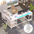 61" L Shaped Computer Desk with Monitor Stand, Reversible Corner Gaming Desk with Drawers, Home Office Desk with Power Outlets & USB Ports, LED Lights, White