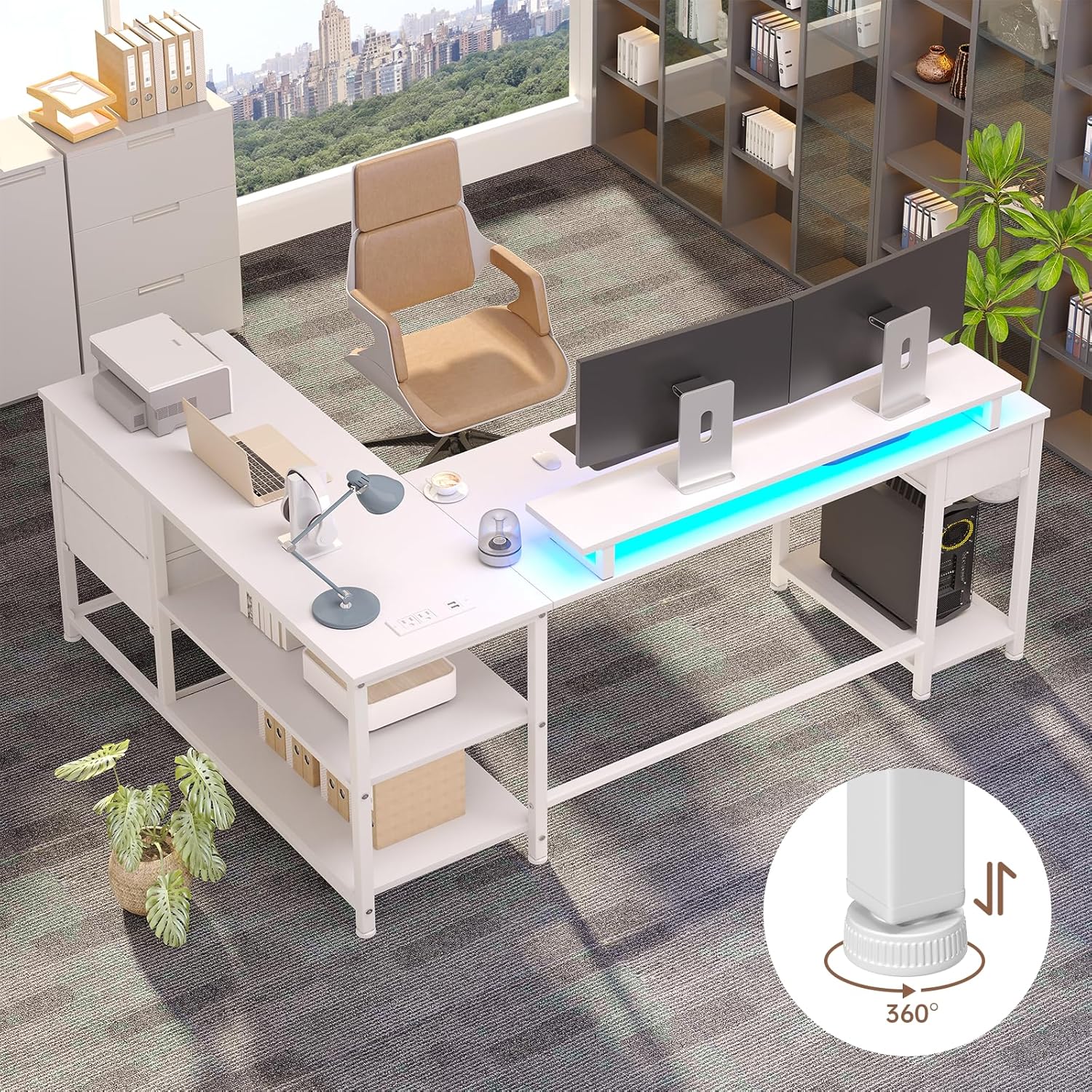61" L Shaped Computer Desk with Monitor Stand, Reversible Corner Gaming Desk with Drawers, Home Office Desk with Power Outlets & USB Ports, LED Lights, White