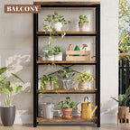 5-Tier Adjustable Heavy Duty Bookshelf, Industrial Wooden Open Storage Rack with Black Metal Frame, Vintage Bookcase with Lock Wall Design, Rustic Brown