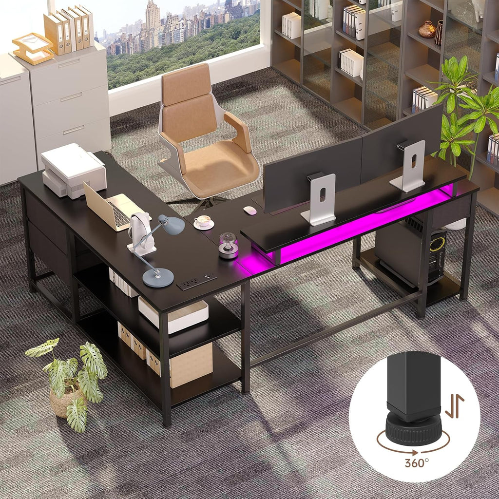 61" L Shaped Computer Gaming Desk with USB Charging Ports and LED Lights, Reversible Corner Desk with Drawers, Home Office Desk with Storage Shelves, Black