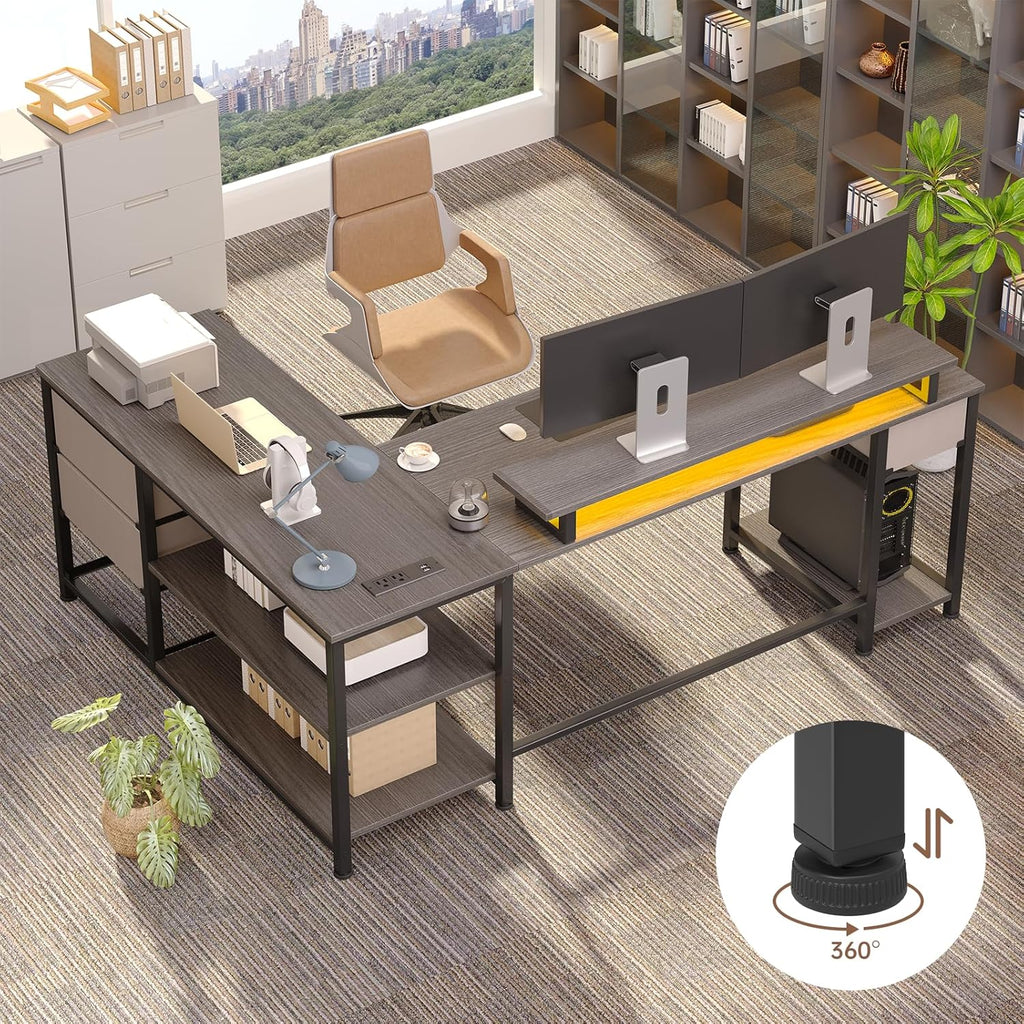 60" Corner Gamer Desk Table with Power Outlets, Reversible L Shaped Home Office Desk with Drawers, Computer Desk with Monitor Stand, LED Lights, Grey