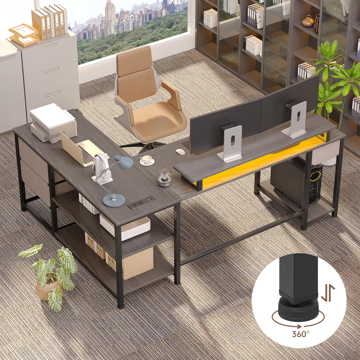 60" Corner Gamer Desk Table with Power Outlets, Reversible L Shaped Home Office Desk with Drawers, Computer Desk with Monitor Stand, LED Lights, Grey