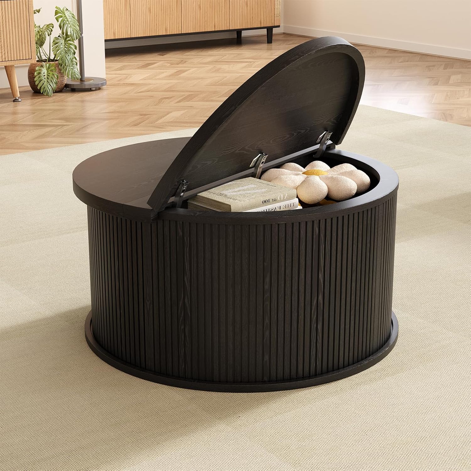 Round Coffee Table with Storage, 31.5" Lift Top Center Table with Gas Strut, Fluted Farmhouse Drum with 2 Hidden Compartments, Mid Century Modern Wood Circle Table for Living Room, Black