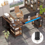 61" L Shaped Computer Desk with Power Outlets & USB Ports, Reversible Corner Gaming Desk with Drawers, Home Office Desk with Storage Shelves, LED Lights, Rustic Brown