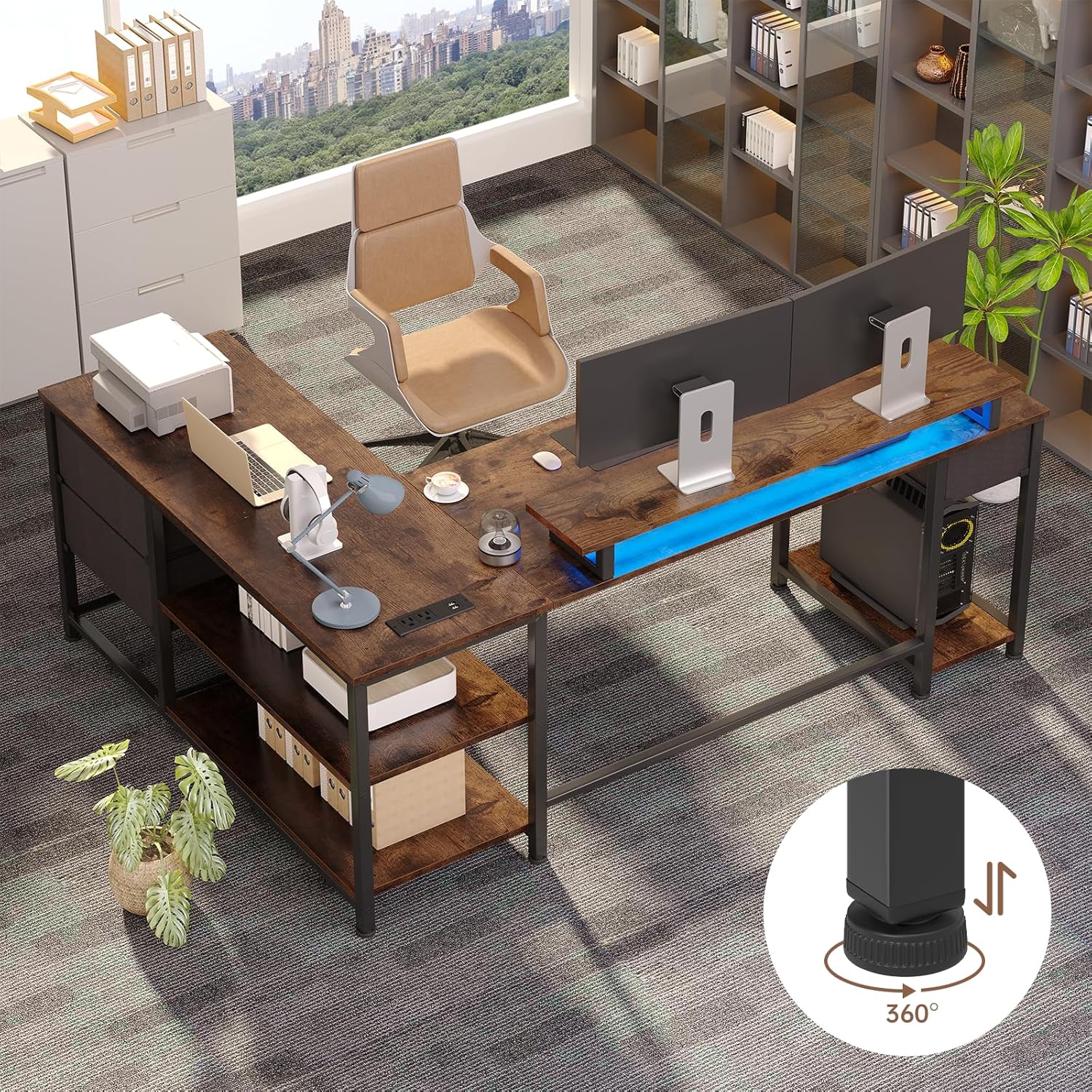 61" L Shaped Computer Desk with Power Outlets & USB Ports, Reversible Corner Gaming Desk with Drawers, Home Office Desk with Storage Shelves, LED Lights, Rustic Brown