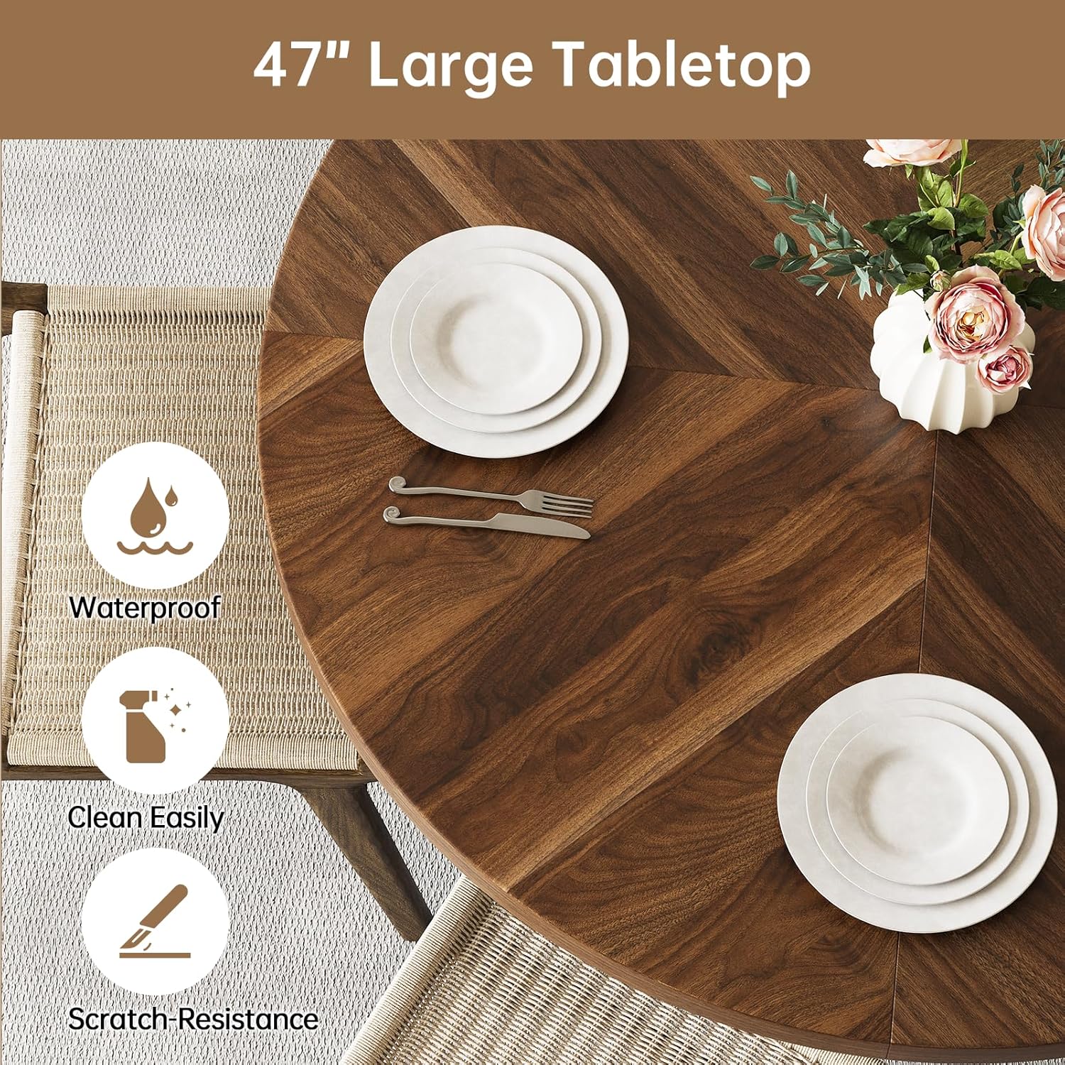 47 inch Round Dining Table for 4, Farmhouse Kitchen Table with 2-Layer Storage Shelf and Wood Slide Door Modern Dinner Table or Home Dining Room Living Room (Walnut)