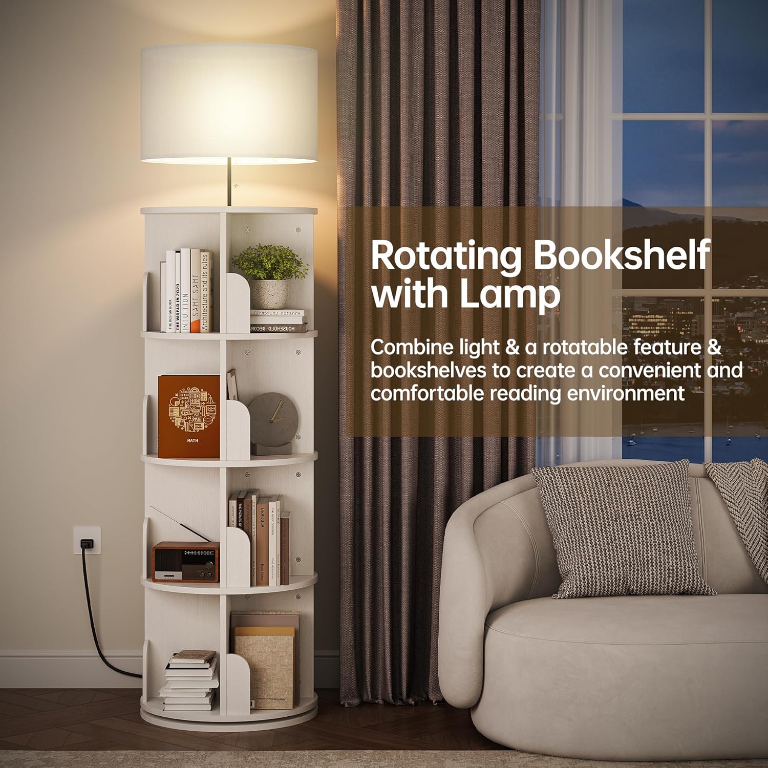 4 Tier Rotating Bookshelf with Lamp, 3 Color Temperatures, Vertical Bookcase Tower, Space-Saving Floor Standing Organizer for Living Room, Bedroom, White