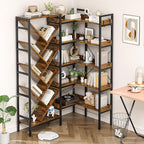 5-Tier Large Corner Tree Bookshelf, Industrial Wooden Tall Bookcase with 2 Hooks, Rustic Brown Open Shelves for Living Room, Bedroom, Home Office