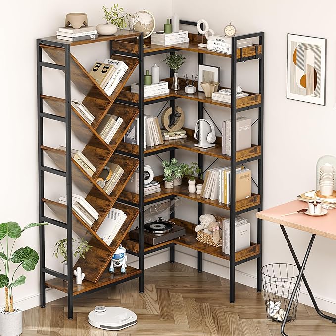 5-Tier Large Corner Tree Bookshelf, Industrial Wooden Tall Bookcase with 2 Hooks, Rustic Brown Open Shelves for Living Room, Bedroom, Home Office