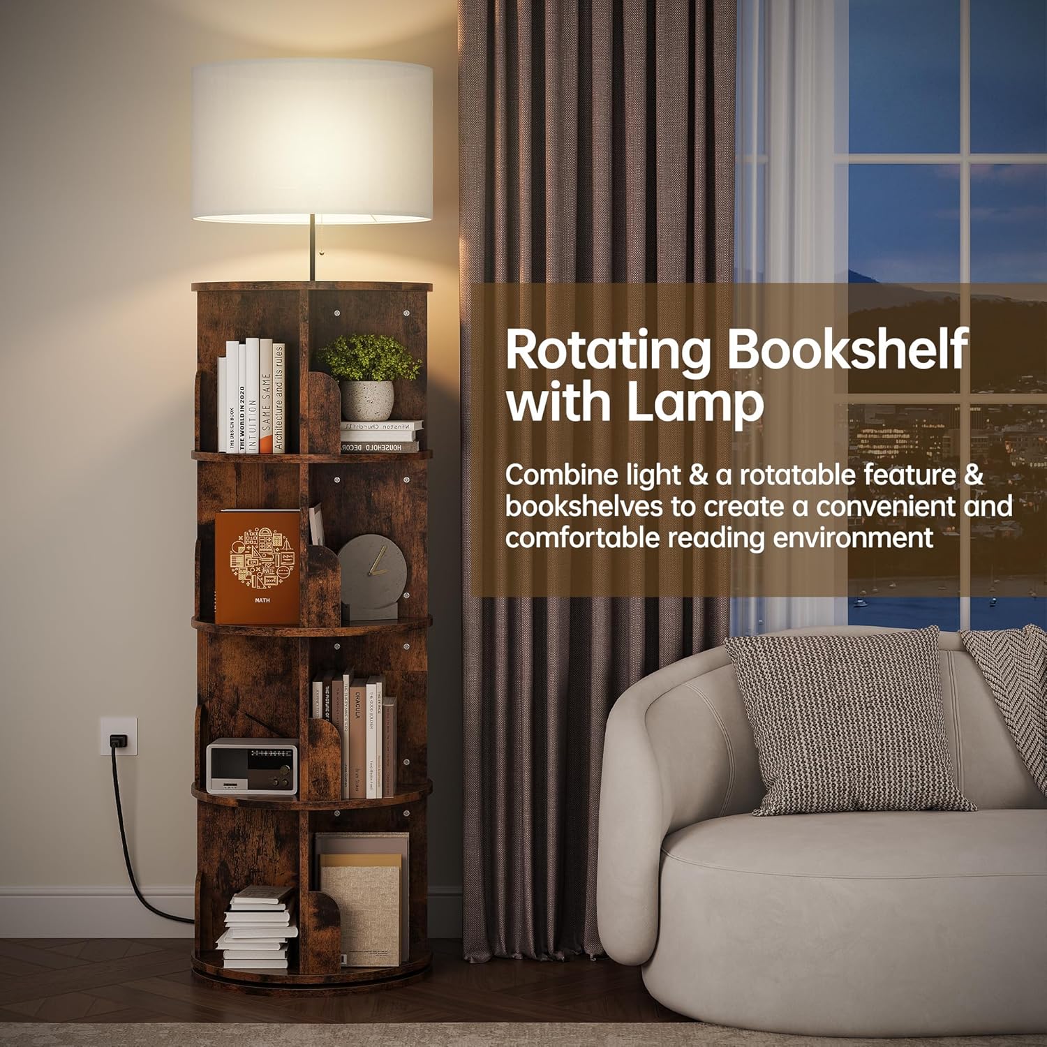 4 Tier Rotating Bookshelf with Light, 360° Spinning Bookcase Tower, Vertical Floor Standing Revolving Bookshelf Organizer for Small Spaces, Corner, Living Room, Bedroom, Rustic Brown