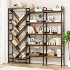 5-Tier Large Corner Tree Bookshelf, Industrial Wooden Tall Bookcase with 2 Hooks, Rustic Brown Open Shelves for Living Room, Bedroom, Home Office