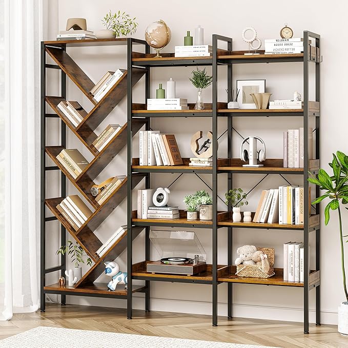 5-Tier Large Corner Tree Bookshelf, Industrial Wooden Tall Bookcase with 2 Hooks, Rustic Brown Open Shelves for Living Room, Bedroom, Home Office