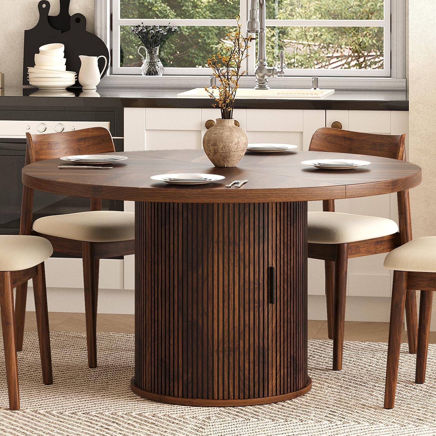 47 inch Round Dining Table for 4, Farmhouse Kitchen Table with 2-Layer Storage Shelf and Wood Slide Door Modern Dinner Table or Home Dining Room Living Room (Walnut)
