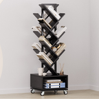 7 Tier Double Sided Rotating Tree Book Shelf, Floor Standing Wood Bookshelf with Adjustable Wheels for Narrow Space, with Storage Cabinet for Books/CDs/Magazine, Black