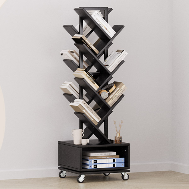 7 Tier Double Sided Rotating Tree Book Shelf, Floor Standing Wood Bookshelf with Adjustable Wheels for Narrow Space, with Storage Cabinet for Books/CDs/Magazine, Black