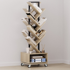 Double Sided Rotating Tree Bookshelf - 7-Tier Retro Floor Standing Bookcase, Wood Storage for Books, CDs, Movies, Perfect for Small Spaces in Bedroom, Living Room, Home Office, Grey