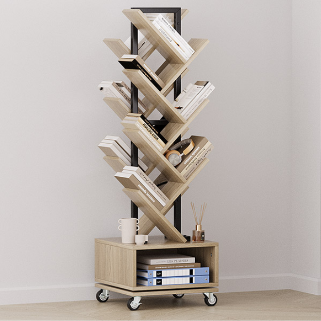 Double Sided Rotating Tree Bookshelf - 7-Tier Retro Floor Standing Bookcase, Wood Storage for Books, CDs, Movies, Perfect for Small Spaces in Bedroom, Living Room, Home Office, Grey