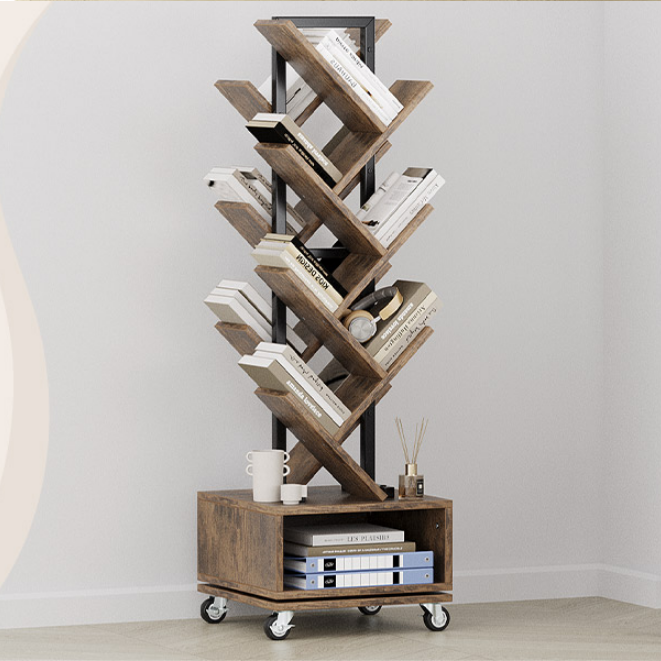 49" Rotating Tree Bookshelf, 7 Tier Double Sided Shelf, Wood Corner Bookshelf with Wheels, 360 Display Spinning Bookcase Storage Rack, Ideal for Small Rooms, Easy Assembly, Rustic Brown