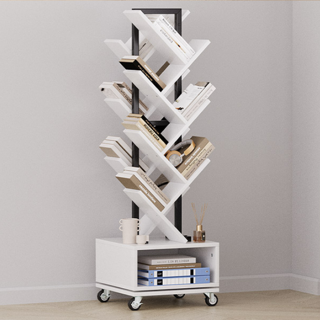 7 Tier Tree-Shaped Rotating Bookshelf, Double Sided, Small Bookcase with Storage Cabinet, Modern Tall Narrow Bookshelves Organizer, Floor Standing Book Shelf for Bedroom/Living Room, White