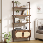 72" Tall Ladder Bookshelf with Cabinet - Faux Wood Grain Finish, 5-Tier Open Storage with Rattan Doors, Wall Mounted Book Shelf, Rustic Brown