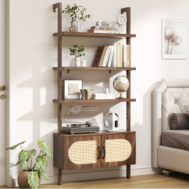 72" Tall Ladder Bookshelf with Cabinet - Faux Wood Grain Finish, 5-Tier Open Storage with Rattan Doors, Wall Mounted Book Shelf, Rustic Brown