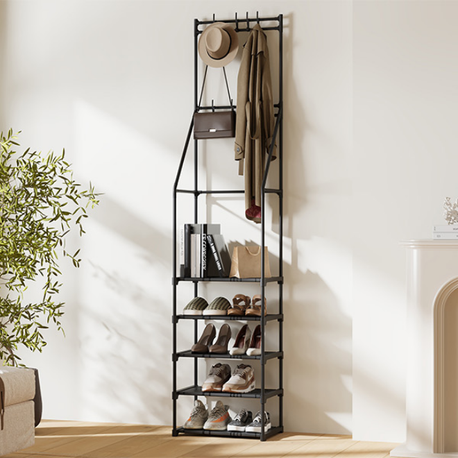 Coat Rack With Shoe Storage, Space-Saving Entryway Coat Shoe Rack, Easy Assembly Hall Tree, Multifunctional Storage Solution，Black