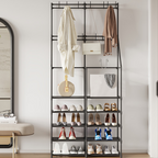 3-in-1 Double Row Coat Shoe Rack Space-Saving Entryway Furniture, Hall Tree with Shoe Storage, Multifunctional Solution, 16 Hooks, Black